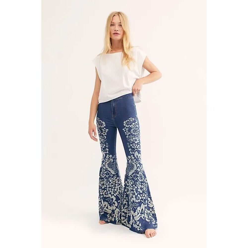 Saints & Hearts Wide Flare Printed Stretch Denim Jeans Size Medium